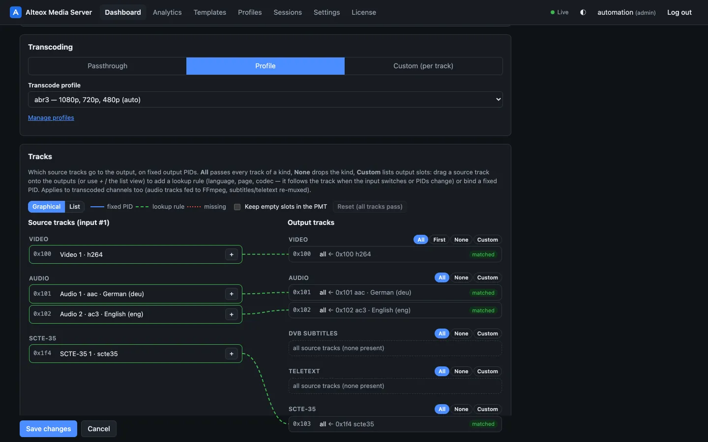 Channel editor: transcoding, track mapping and outputs