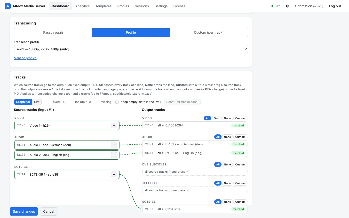 Channel editor: transcoding, track mapping and outputs