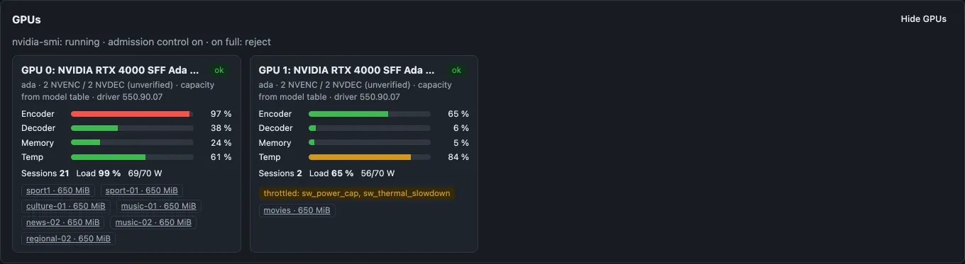 GPU panel: encoder, decoder, memory and temperature per GPU with the channels holding a lease