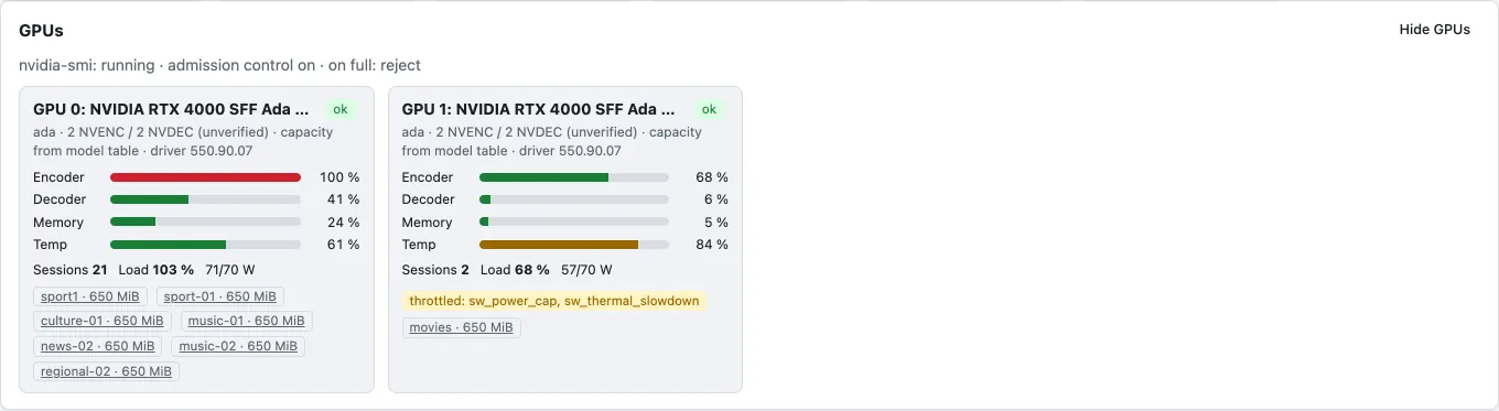 GPU panel: encoder, decoder, memory and temperature per GPU with the channels holding a lease